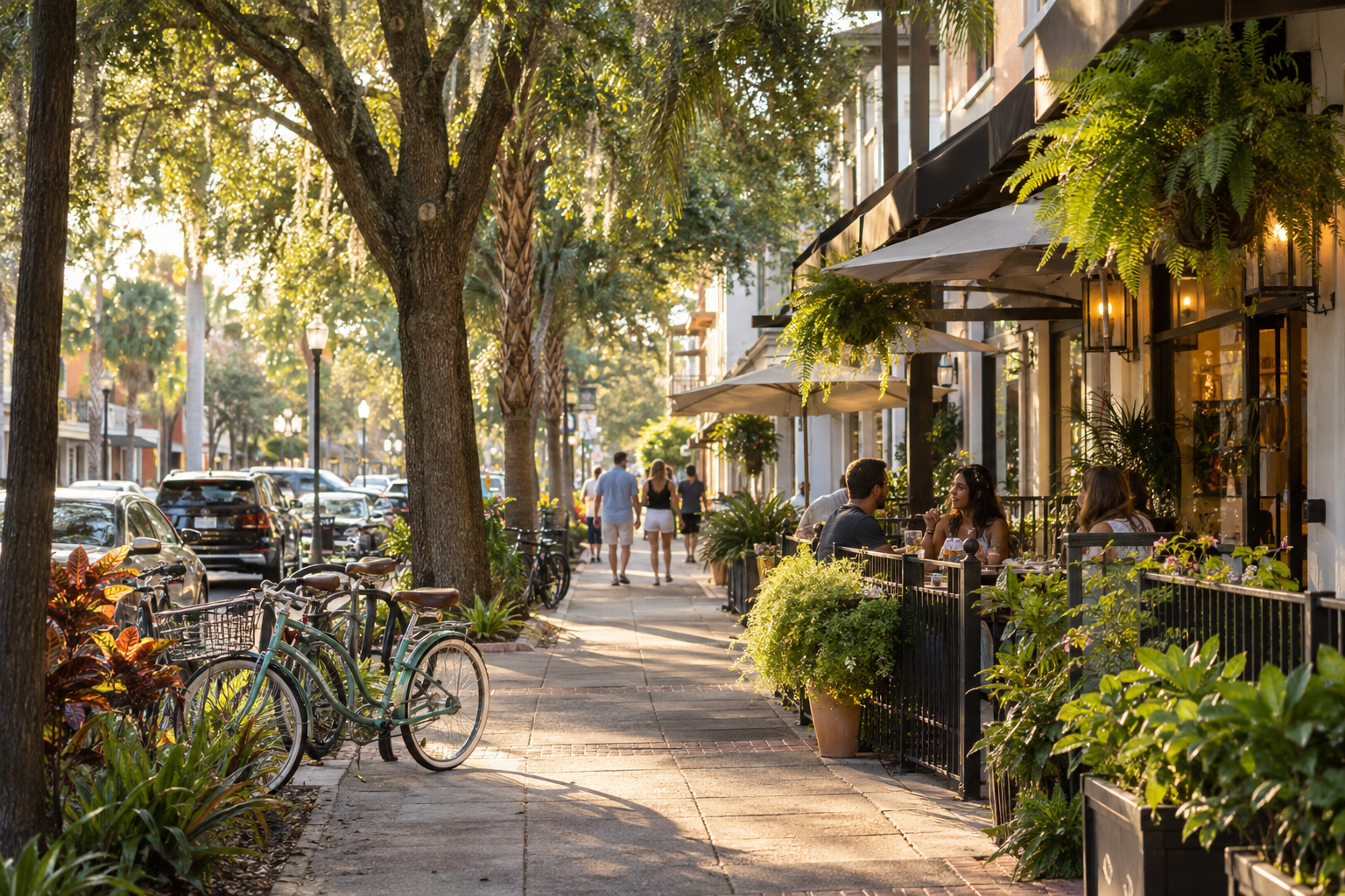 A shaded Central Florida town-center cafe scene
