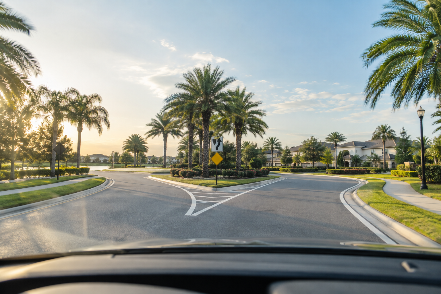 A palm-lined Central Florida neighborhood road at sunrise